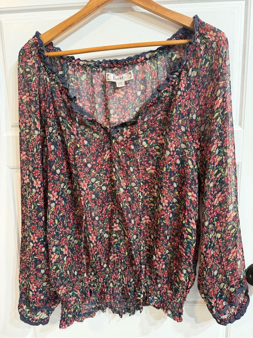 Decree Navy Floral Long-Sleeve Peasant Blouse
